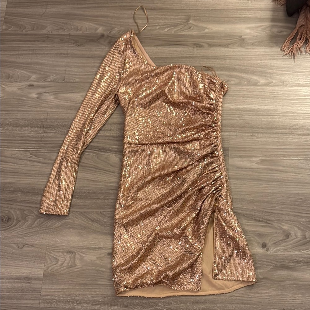 Meshki Gold Asymmetrical Sequin Bodycon Dress